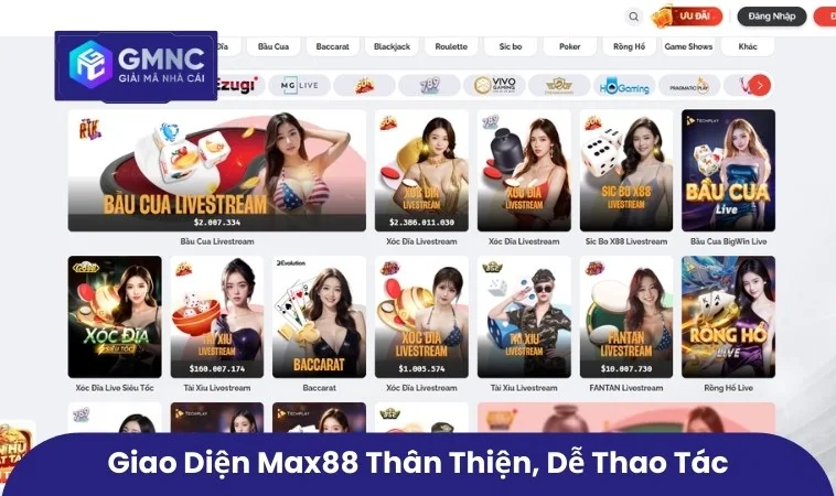 Giao diện Max88 thân thiện, dễ thao tác